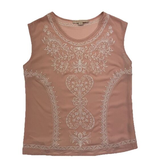 Champagne & Strawberry Pink Sheer Blouse Embroidered Sleeveless Size Small - Picture 1 of 7